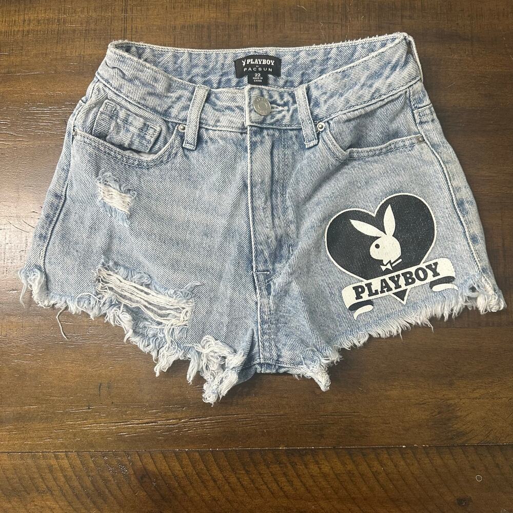 Playboy x PacSun‎ Distressed Denim Shorts Y2K Logo Size 22